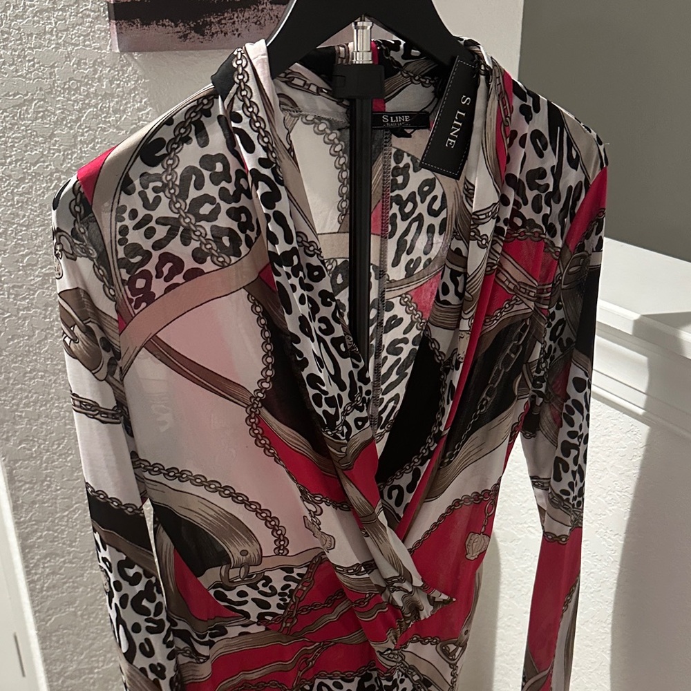 S.L. Fashions Red Chain & Leopard Print Long Sleeve Wrap Dress - Picture 6 of 8